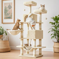 Feandrea 66.1-Inch Multi-Level Cat Tower with Scratching Posts, Perches, Caves, Basket, Hammock, and Pompoms in Smoky Gray for Indoor Cats