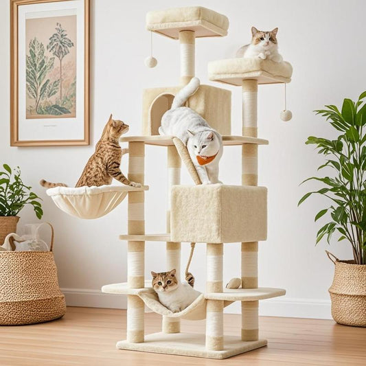 Feandrea 66.1-Inch Multi-Level Cat Tower with Scratching Posts, Perches, Caves, Basket, Hammock, and Pompoms in Smoky Gray for Indoor Cats