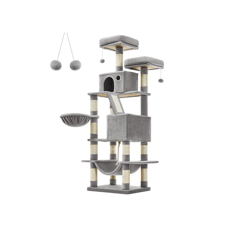 Feandrea 66.1-Inch Multi-Level Cat Tower with Scratching Posts, Perches, Caves, Basket, Hammock, and Pompoms in Smoky Gray for Indoor Cats