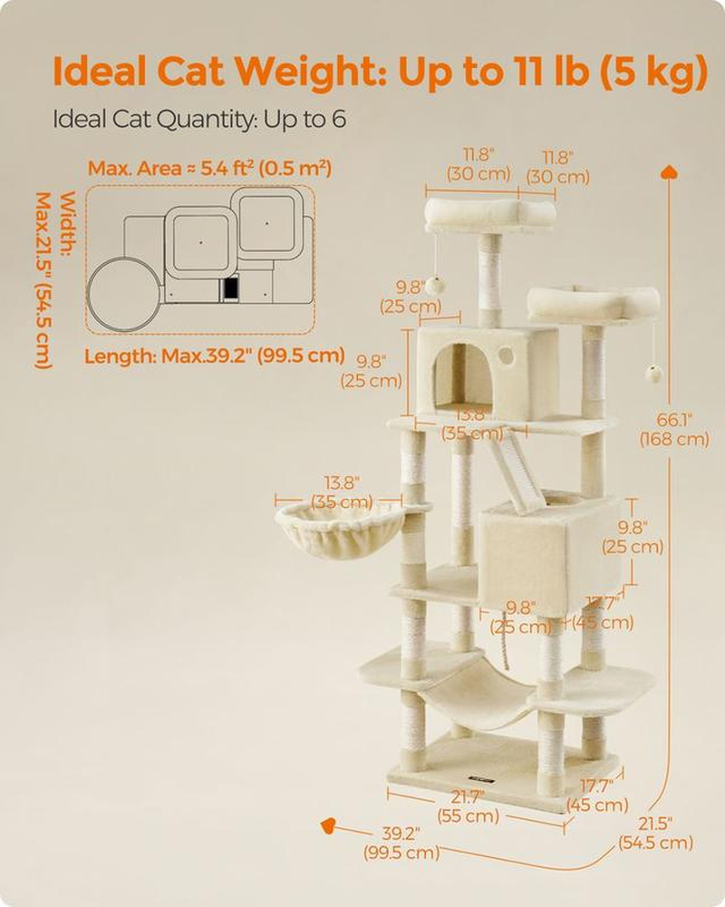 Feandrea 66.1-Inch Multi-Level Cat Tower with Scratching Posts, Perches, Caves, Basket, Hammock, and Pompoms in Smoky Gray for Indoor Cats