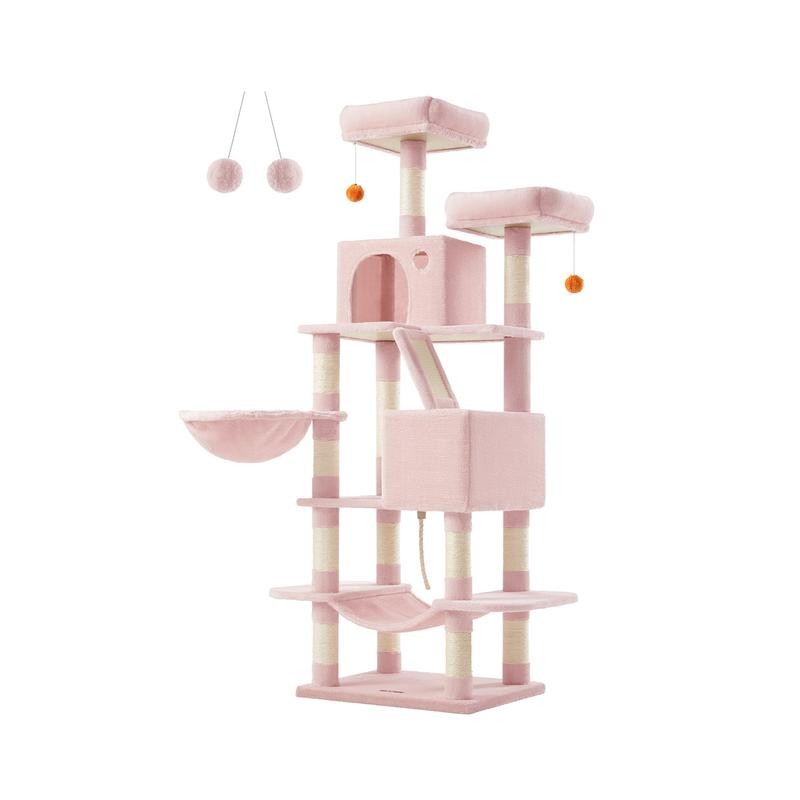 Feandrea 66.1-Inch Multi-Level Cat Tower with Scratching Posts, Perches, Caves, Basket, Hammock, and Pompoms in Smoky Gray for Indoor Cats