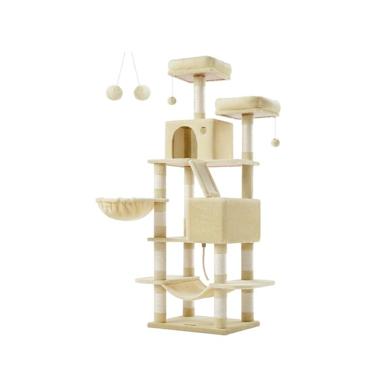Feandrea 66.1-Inch Multi-Level Cat Tower with Scratching Posts, Perches, Caves, Basket, Hammock, and Pompoms in Smoky Gray for Indoor Cats