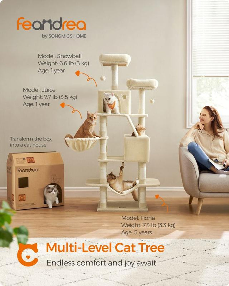 Feandrea 66.1-Inch Multi-Level Cat Tower with Scratching Posts, Perches, Caves, Basket, Hammock, and Pompoms in Smoky Gray for Indoor Cats