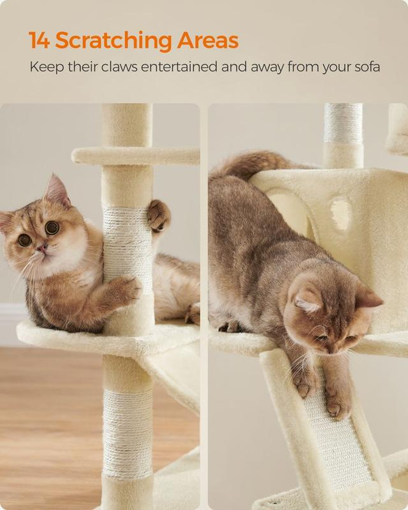 Feandrea 66.1-Inch Multi-Level Cat Tower with Scratching Posts, Perches, Caves, Basket, Hammock, and Pompoms in Smoky Gray for Indoor Cats